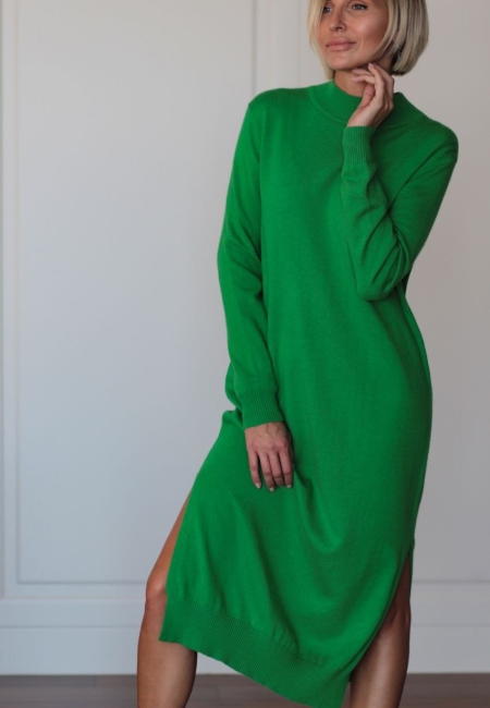 Платье с широким воротником и разрезом зеленое L202305A-3057