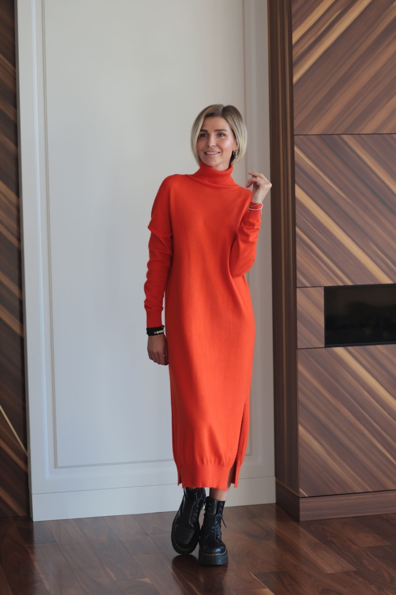 Платье-свитер с разрезами терракотовое L202305-3064