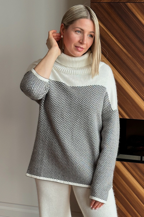 Свитер из кашемира с мелким узором белый с графитовым LND2023-77-3080/3094