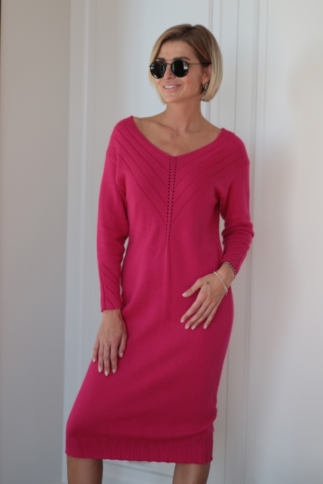 Платье из кашемира с V-образным вырезом фуксия L202303-3065