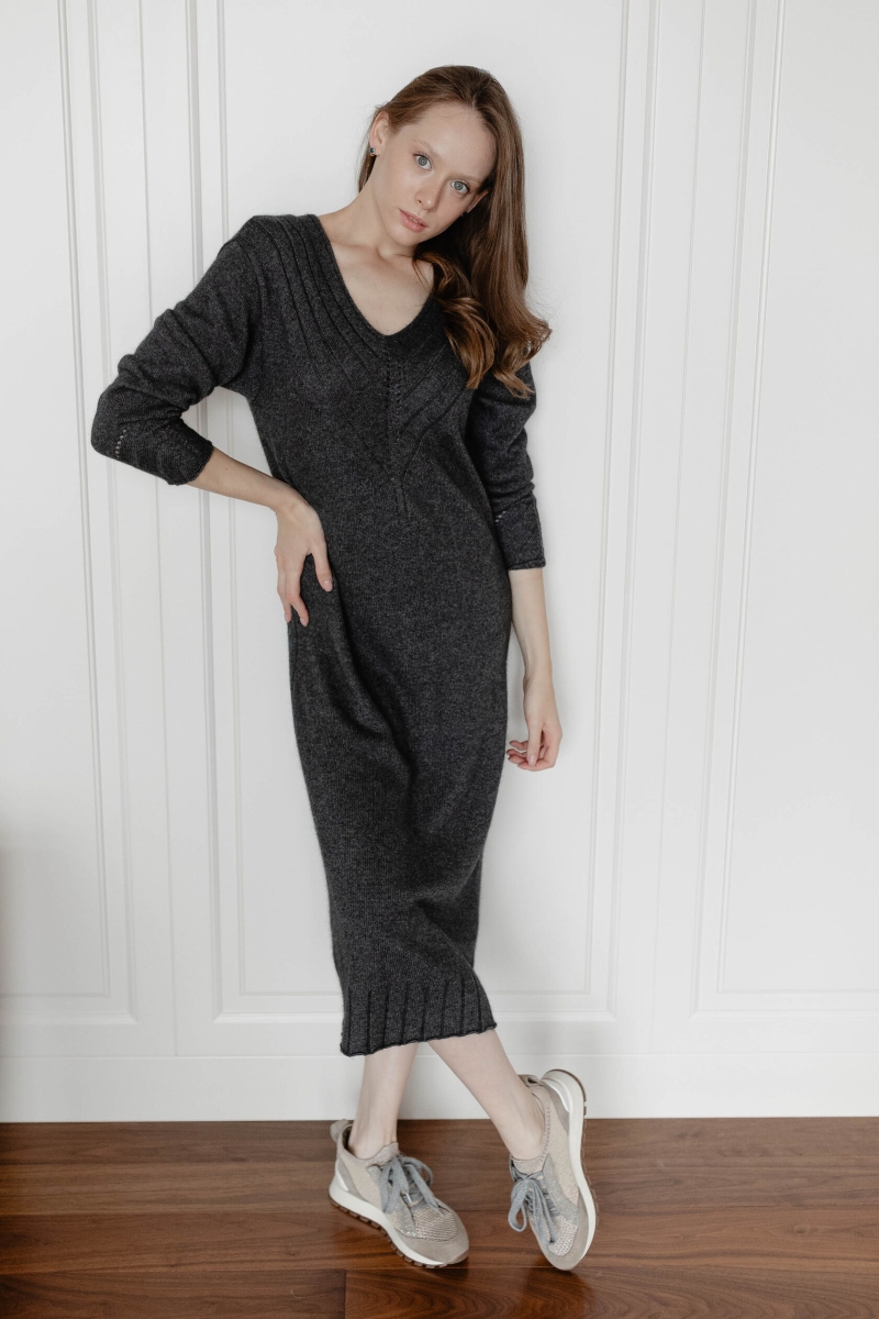 Платье из кашемира с V-образным вырезом фуксия L202303-3065