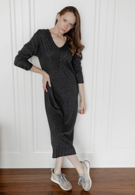 Платье из кашемира с V-образным вырезом фуксия L202303-3065