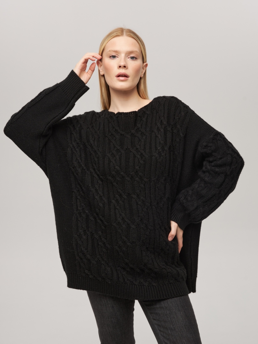 Джемпер оверсайз с косами черный L202316-3068