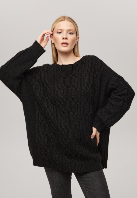 Джемпер оверсайз с косами черный L202316-3068
