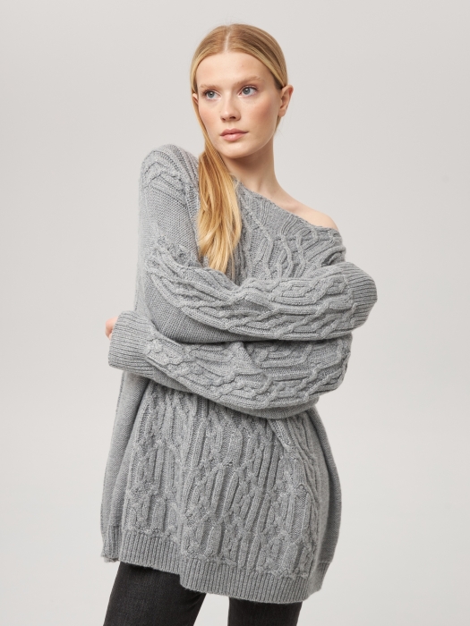 Джемпер оверсайз с косами серый L202316-3079