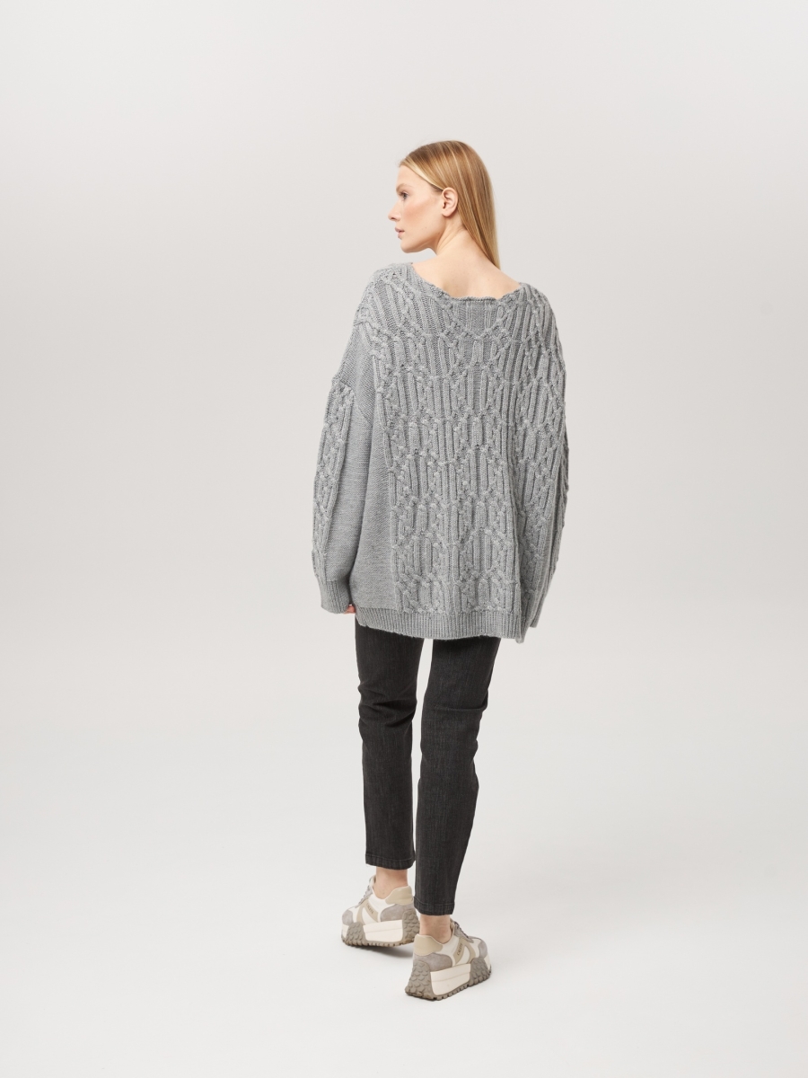 Джемпер оверсайз с косами серый L202316-3079