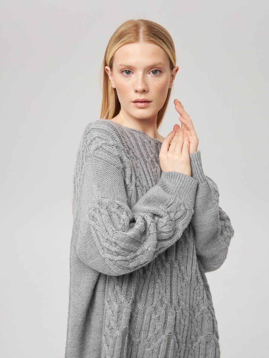 Джемпер оверсайз с косами серый L202316-3079