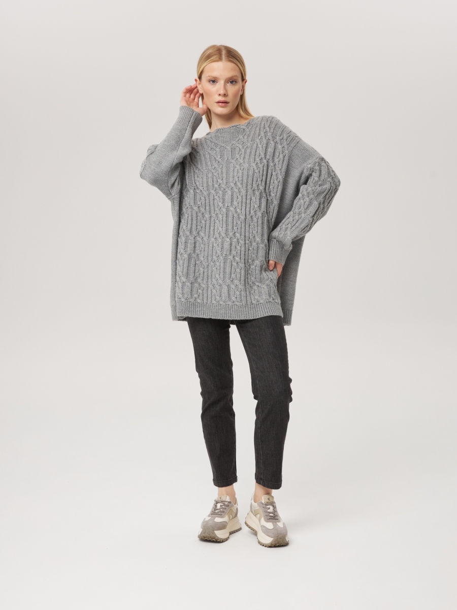 Джемпер оверсайз с косами серый L202316-3079