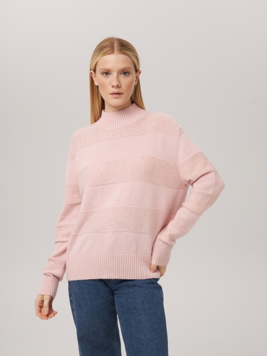 Джемпер в полоску с люрексом светло-розовый P-005-3039
