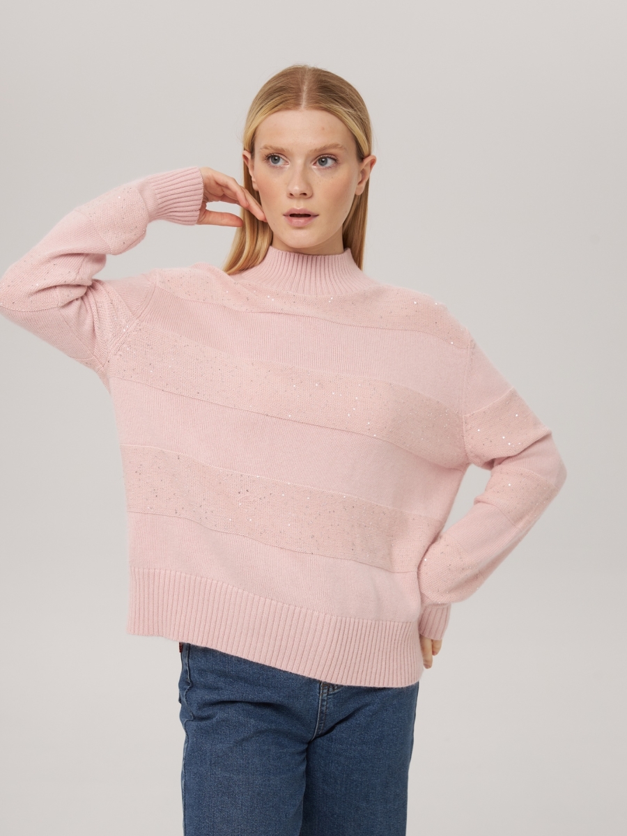 Джемпер в полоску с люрексом светло-розовый P-005-3039