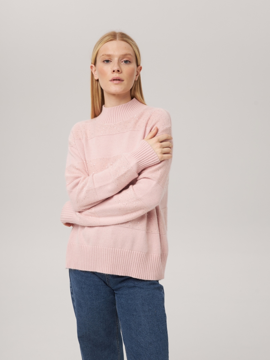 Джемпер в полоску с люрексом светло-розовый P-005-3039