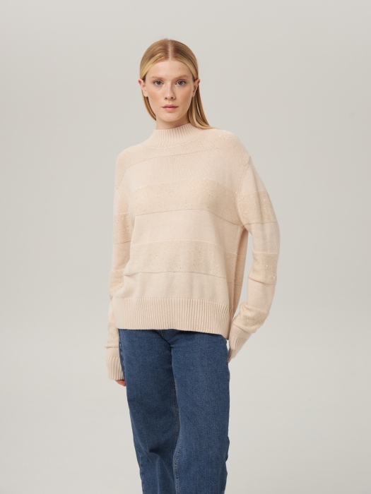 Джемпер в полоску с люрексом светло-бежевый P-005-3034