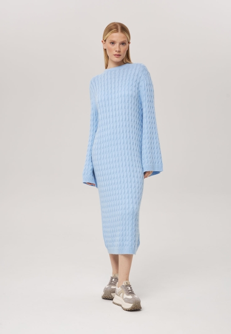 Платье из кашемира с широкими рукавами и косами голубое LND2023-209-3047