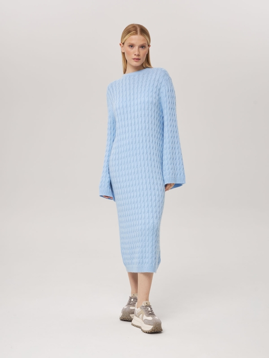 Платье из кашемира с широкими рукавами и косами голубое LND2023-209-3047