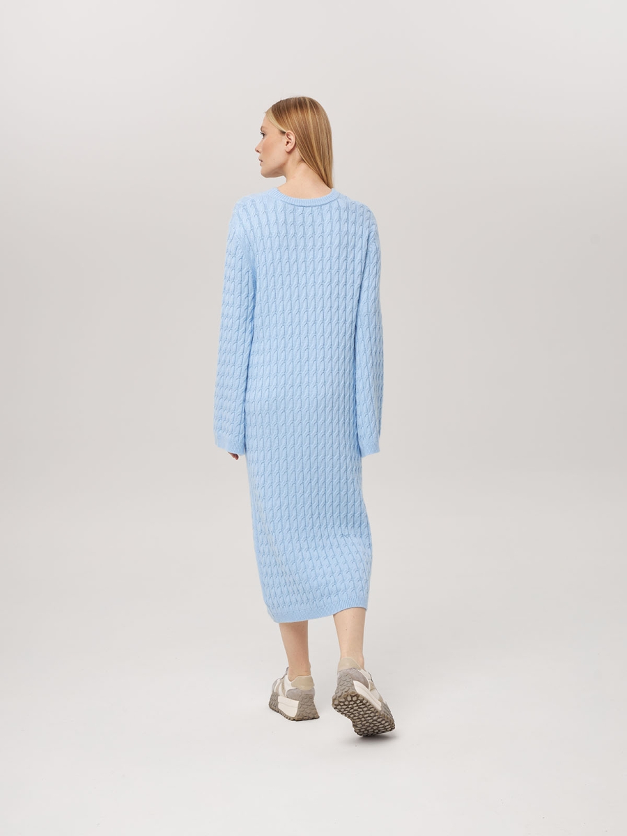 Платье из кашемира с широкими рукавами и косами голубое LND2023-209-3047