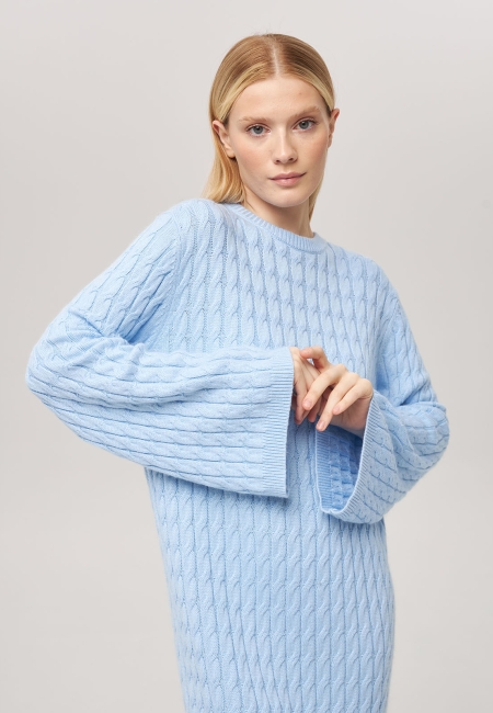 Платье из кашемира с широкими рукавами и косами голубое LND2023-209-3047