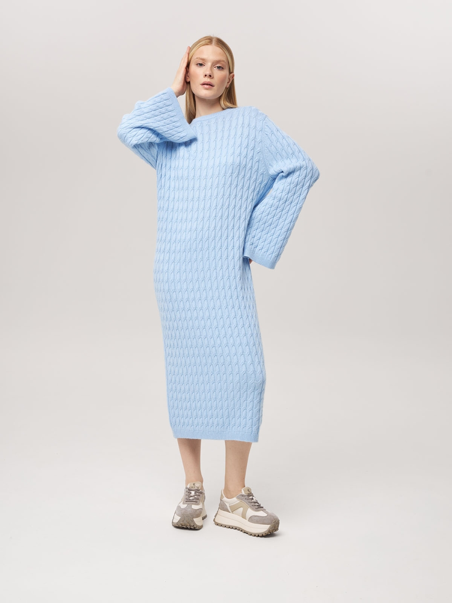 Платье из кашемира с широкими рукавами и косами голубое LND2023-209-3047