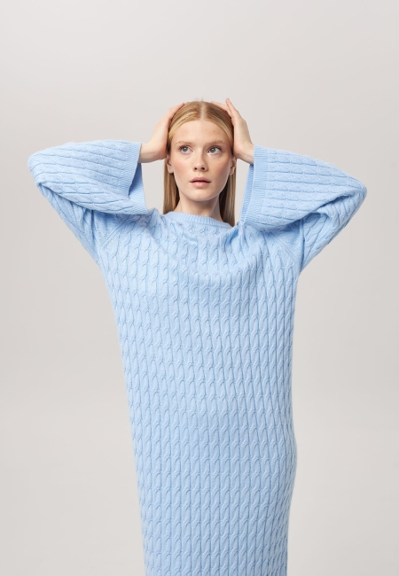 Платье из кашемира с широкими рукавами и косами голубое LND2023-209-3047