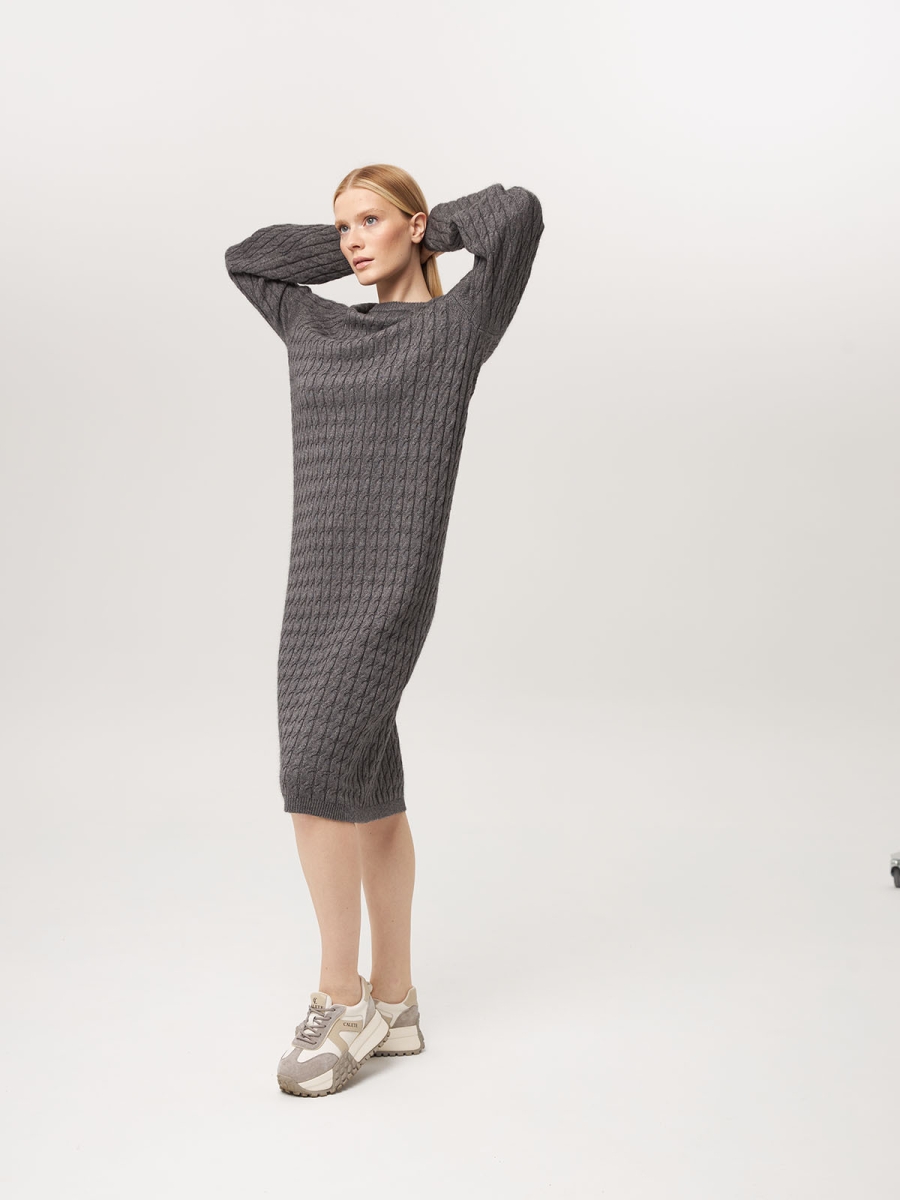 Платье из кашемира с широкими рукавами с косами графитовое LND2023-209-3030