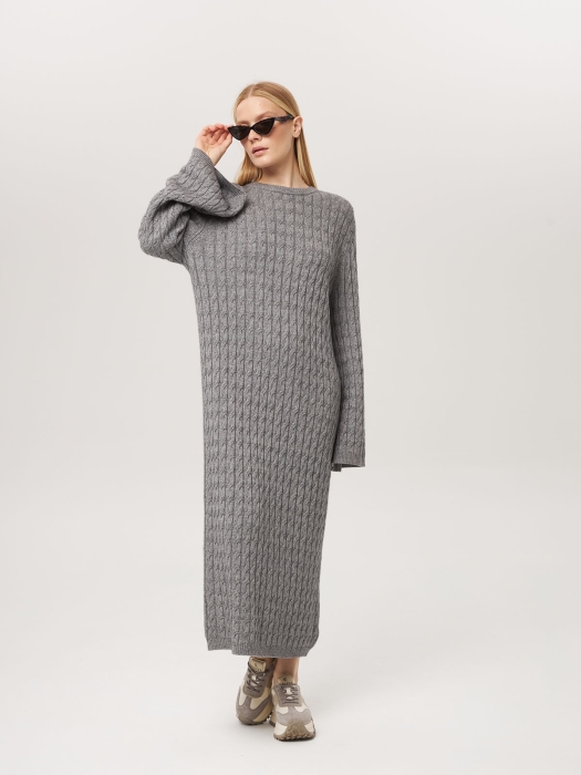 Платье из кашемира с широкими рукавами с косами серое LND2023-209-3079