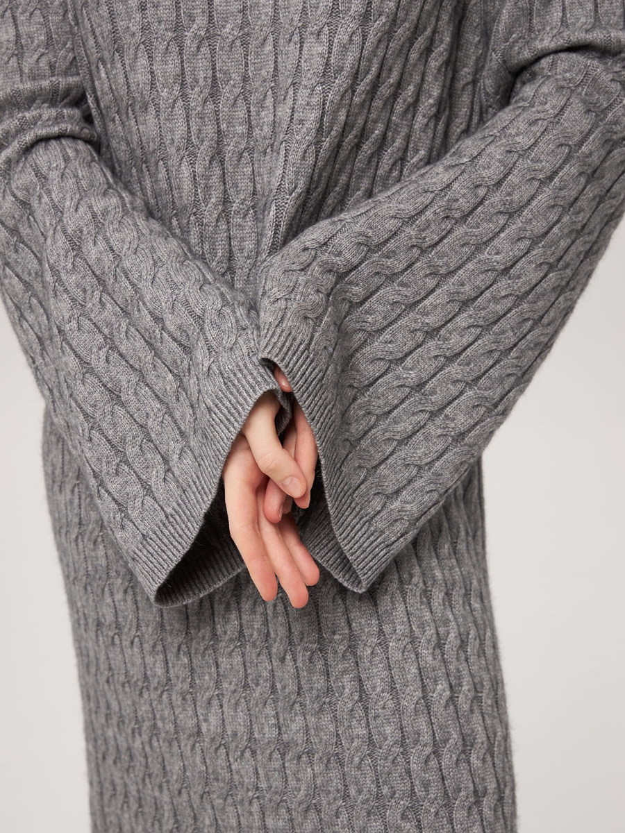 Платье из кашемира с широкими рукавами с косами серое LND2023-209-3079