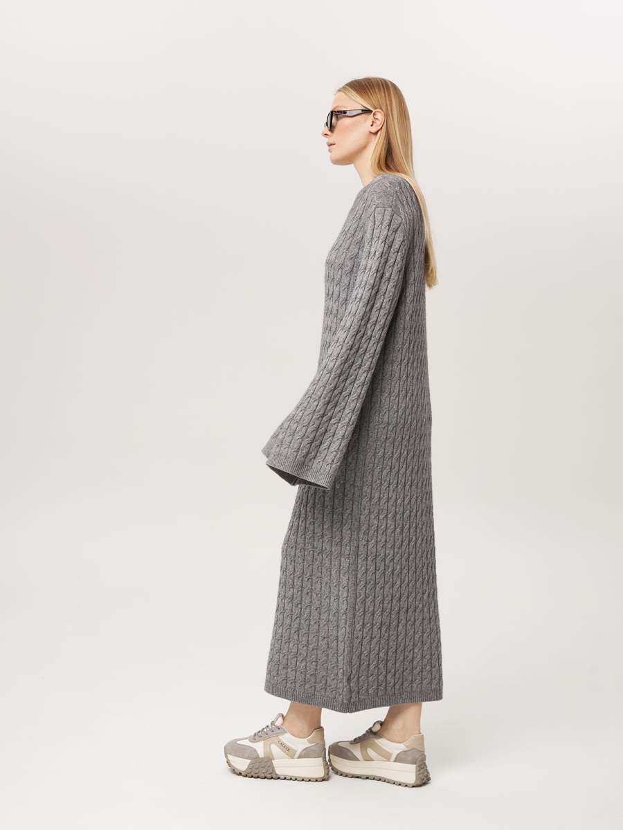 Платье из кашемира с широкими рукавами с косами серое LND2023-209-3079