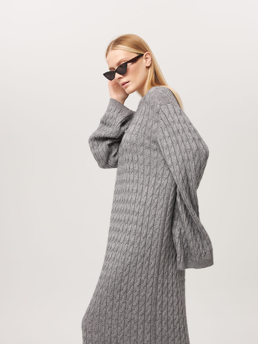 Платье из кашемира с широкими рукавами с косами серое LND2023-209-3079