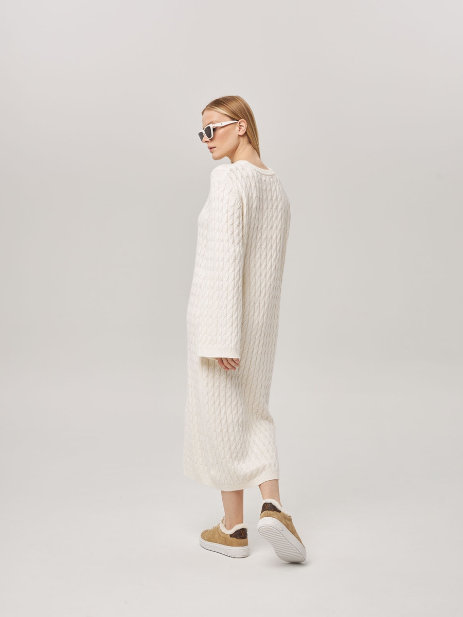 Платье из кашемира с широкими рукавами с косами белое LND2023-209-3080