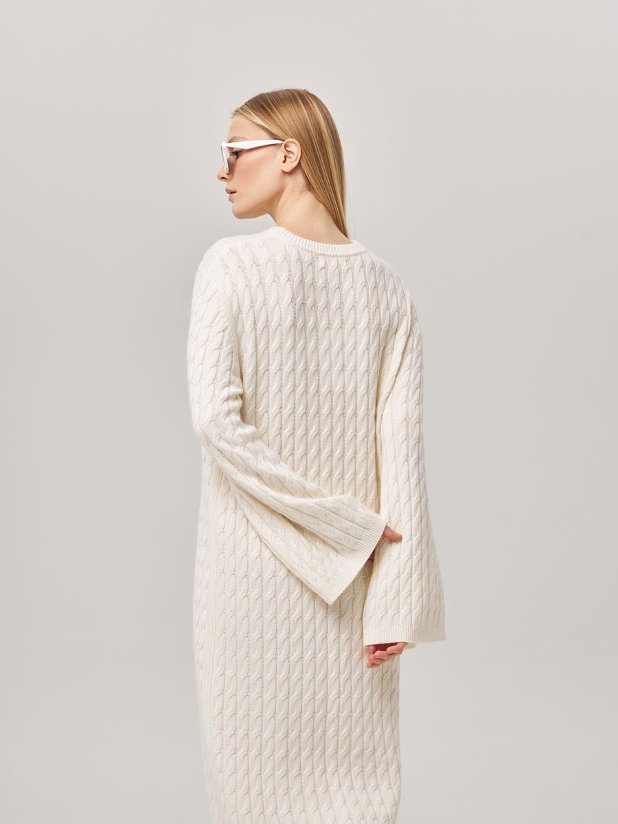 Платье из кашемира с широкими рукавами с косами белое LND2023-209-3080