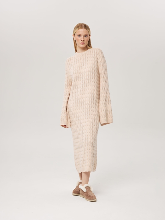 Платье из кашемира с широкими рукавами с косами светло-бежевое LND2023-209-3034