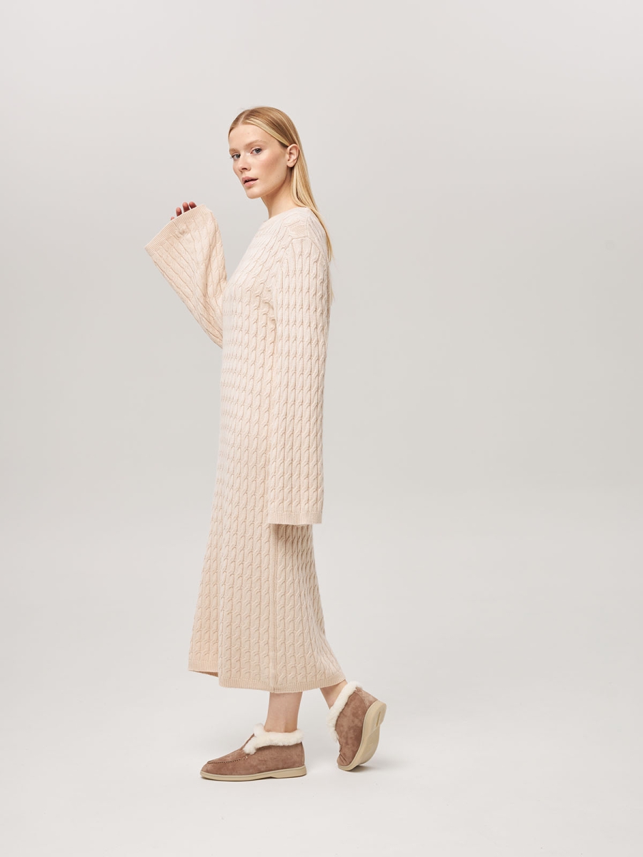 Платье из кашемира с широкими рукавами с косами светло-бежевое LND2023-209-3034