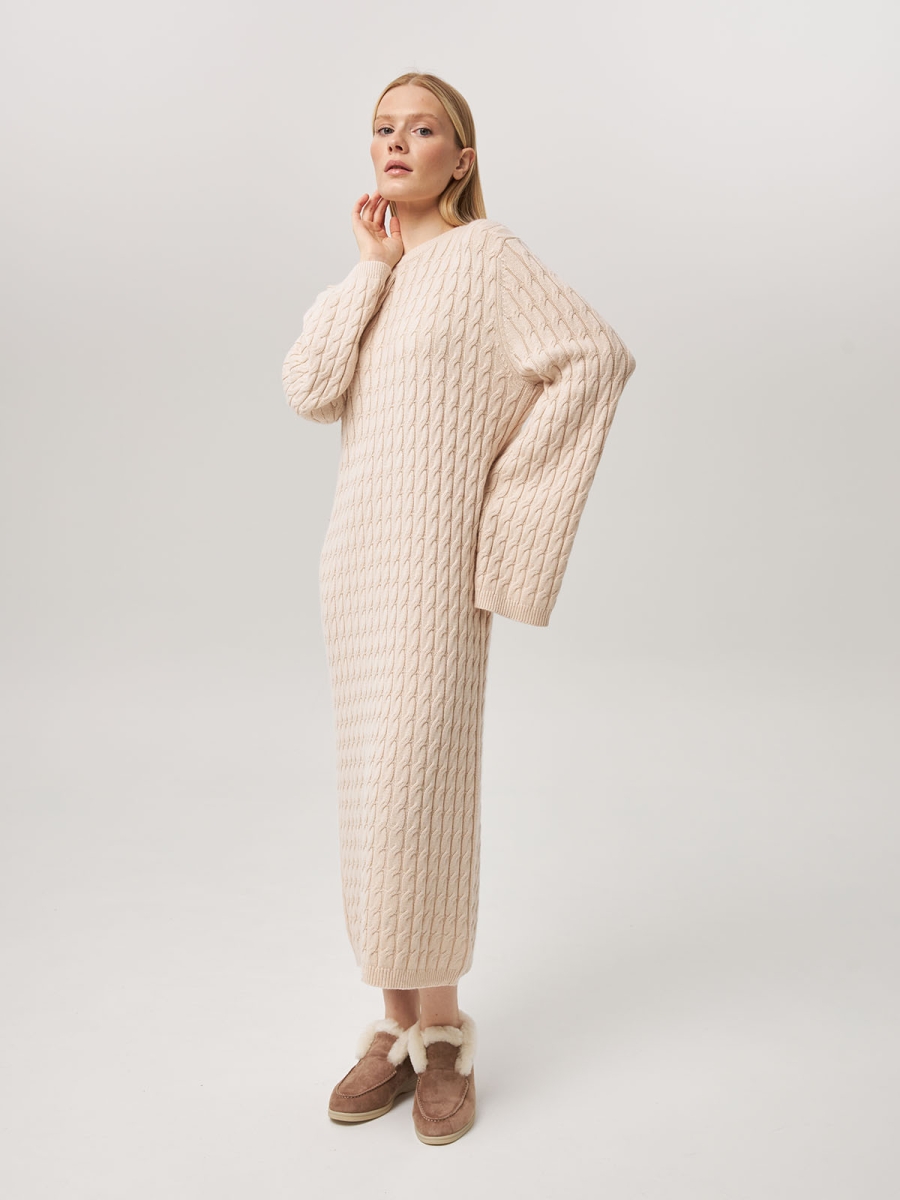 Платье из кашемира с широкими рукавами с косами светло-бежевое LND2023-209-3034