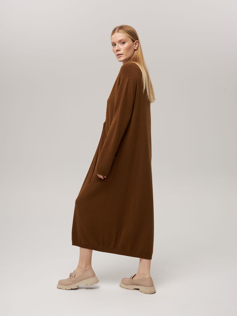 Платье из кашемира с V-образным вырезом коричневое LND2023-97-3036