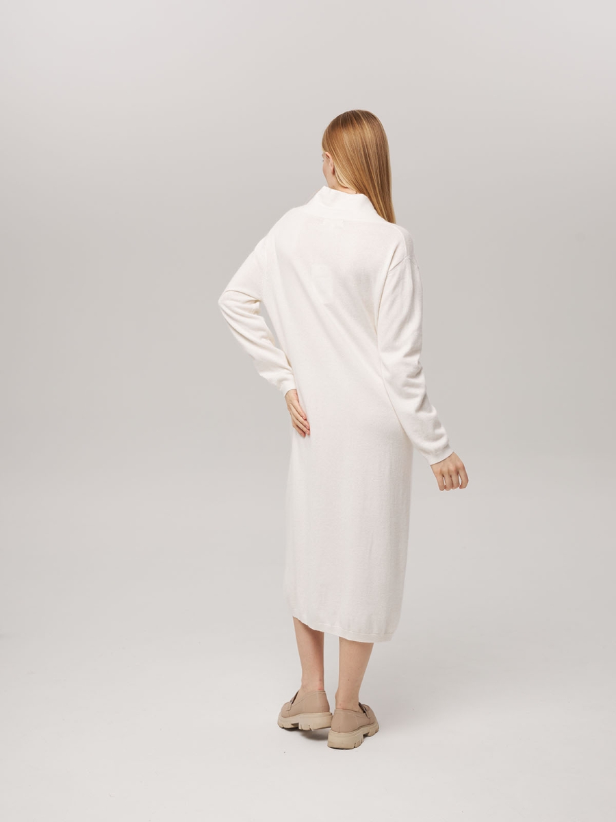 Платье из кашемира с V-образным вырезом белое LND2023-97-3080
