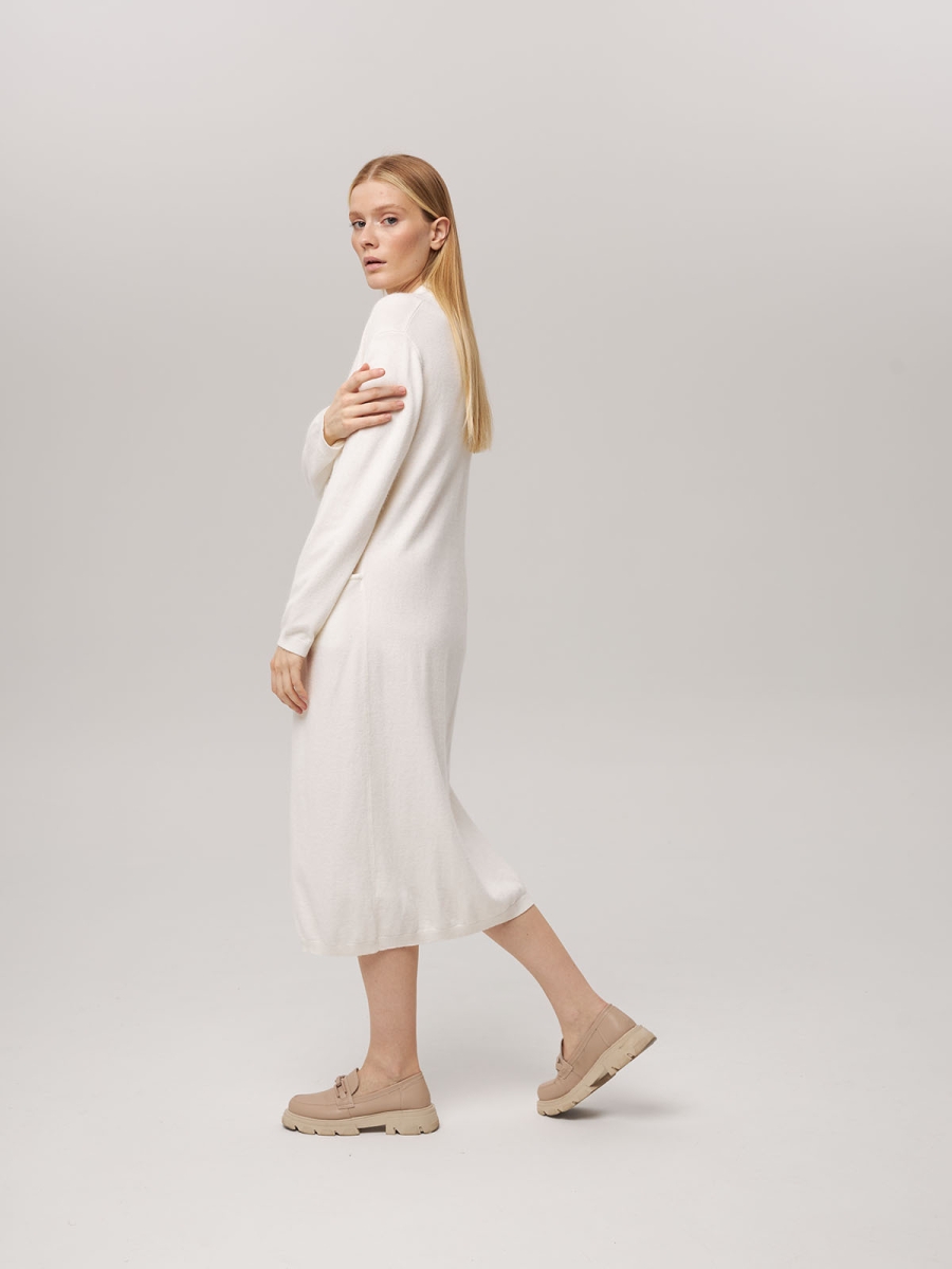 Платье из кашемира с V-образным вырезом белое LND2023-97-3080