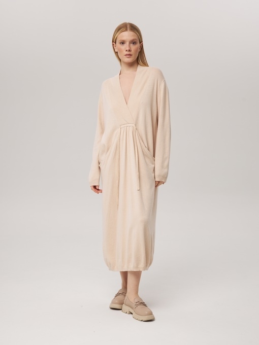 Платье из кашемира с V-образным вырезом светло-бежевое LND2023-97-3034