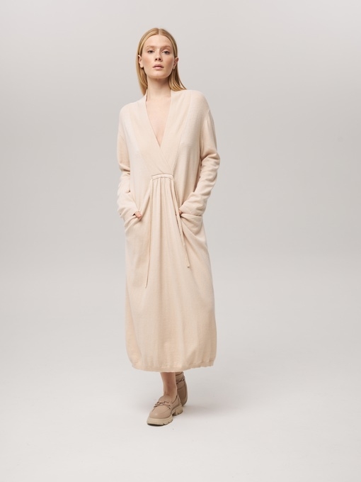 Платье из кашемира с V-образным вырезом светло-бежевое LND2023-97-3034