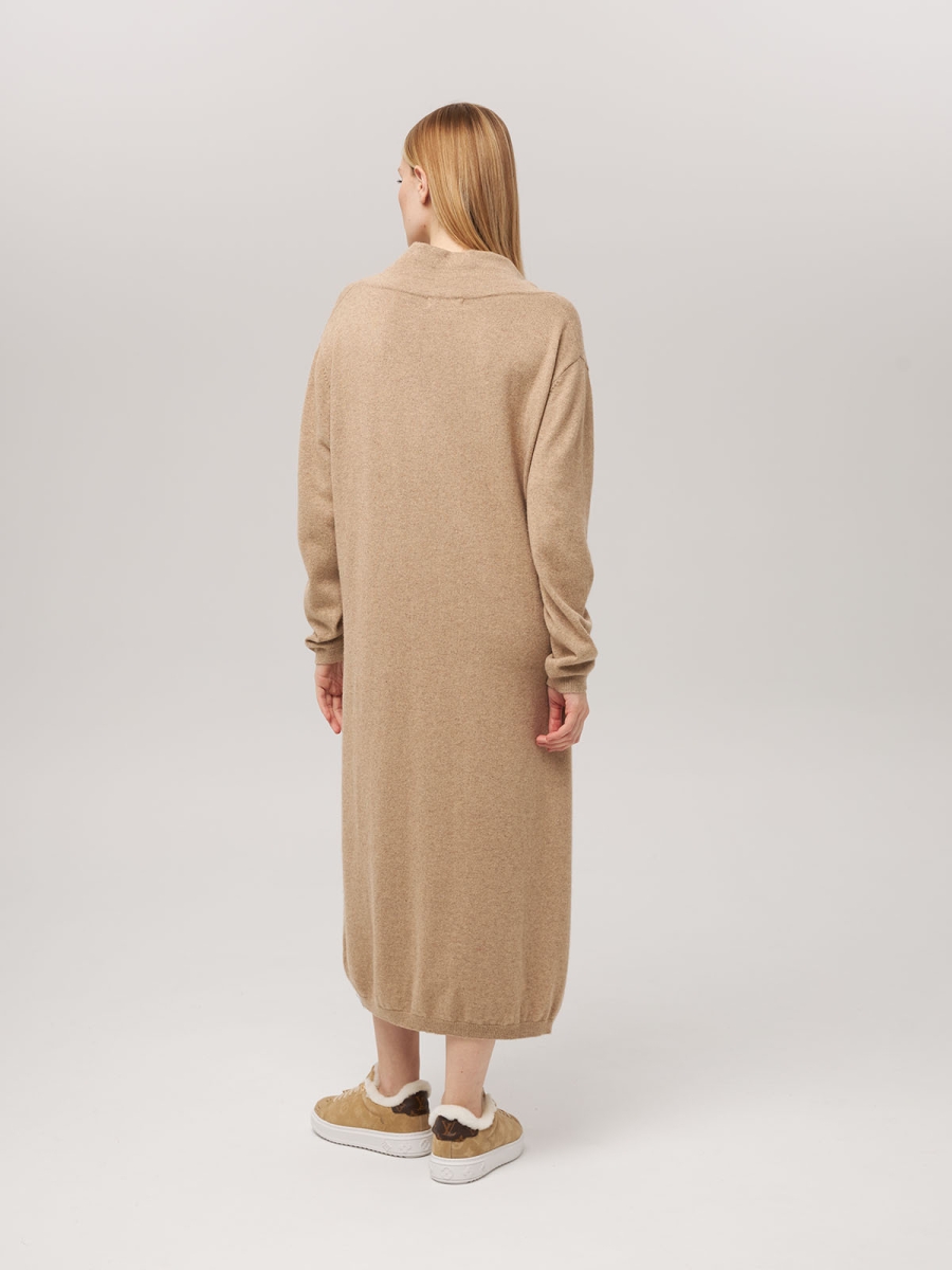 Платье из кашемира с V-образным вырезом бежевое LND2023-97-3023