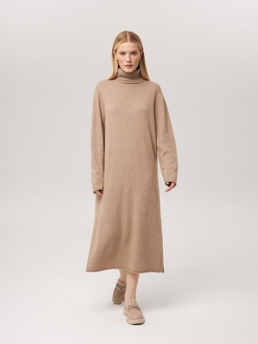 Платье из кашемира с высоким горлом бежевое L202309-3023