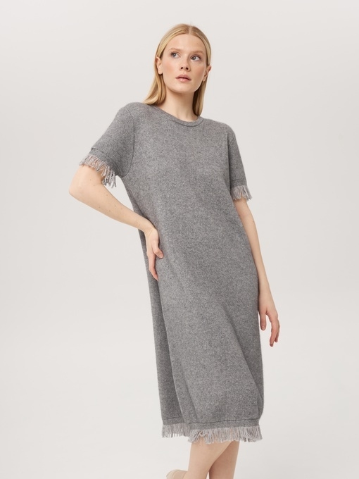 Платье из кашемира с коротким рукавом серое LND2023-225-3079