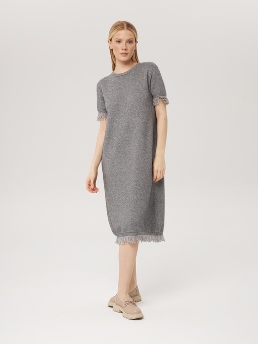Платье из кашемира с коротким рукавом серое LND2023-225-3079