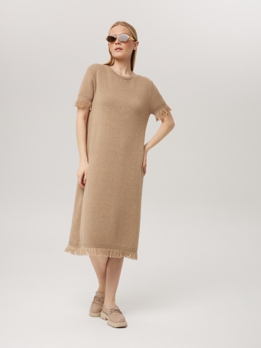 Платье из кашемира с коротким рукавом песочное LND2023-225-3023
