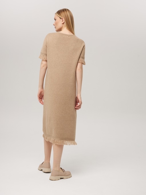 Платье из кашемира с коротким рукавом песочное LND2023-225-3023