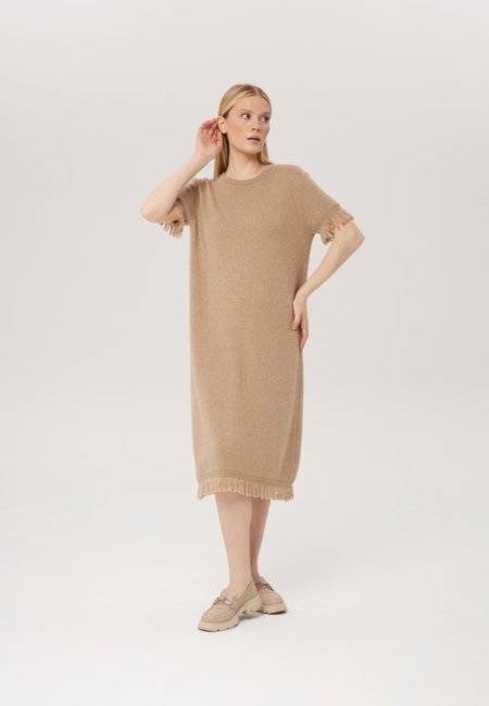 Платье из кашемира с коротким рукавом песочное LND2023-225-3023