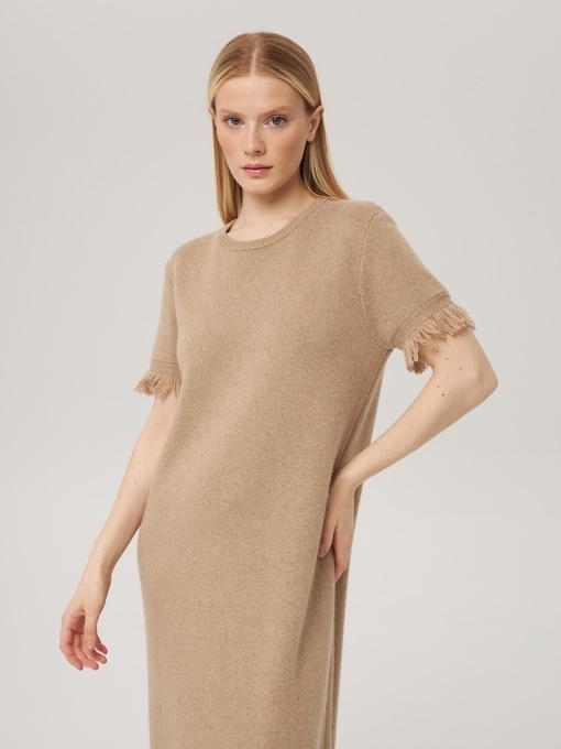 Платье из кашемира с коротким рукавом песочное LND2023-225-3023