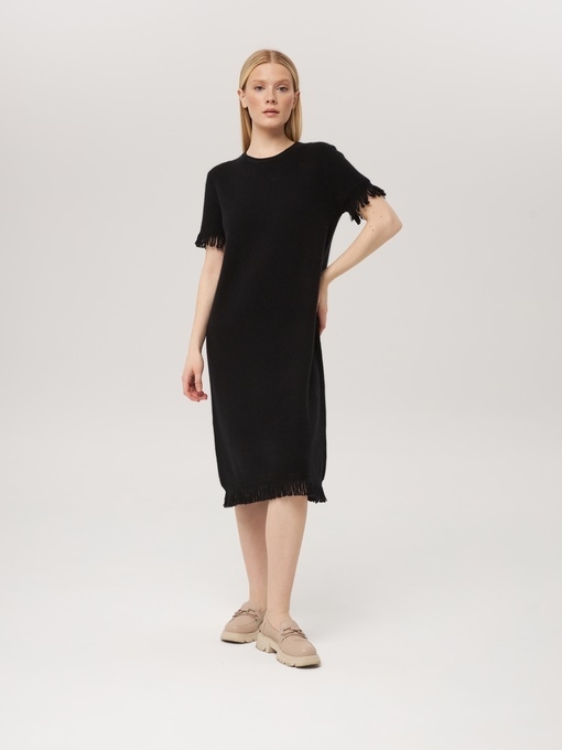 Платье из кашемира с коротким рукавом черное LND2023-225-3068