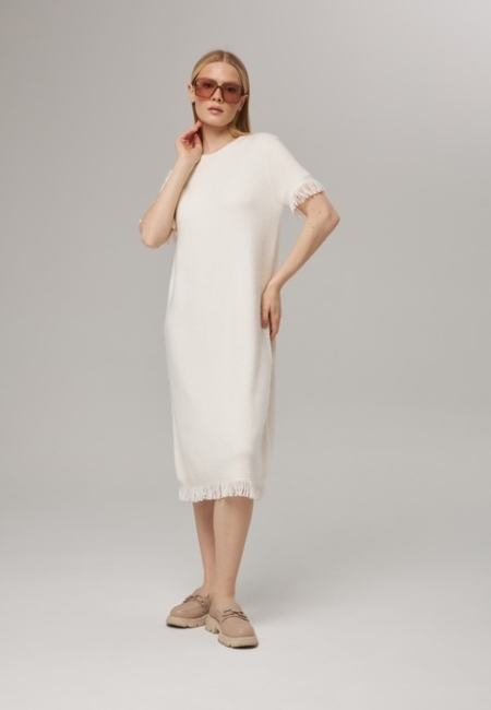 Платье из кашемира с коротким рукавом белое LND2023-225-3080