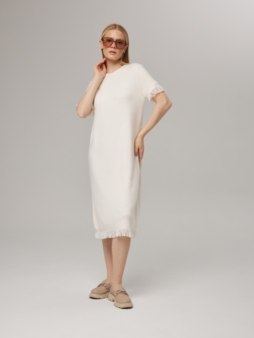Платье из кашемира с коротким рукавом белое LND2023-225-3080
