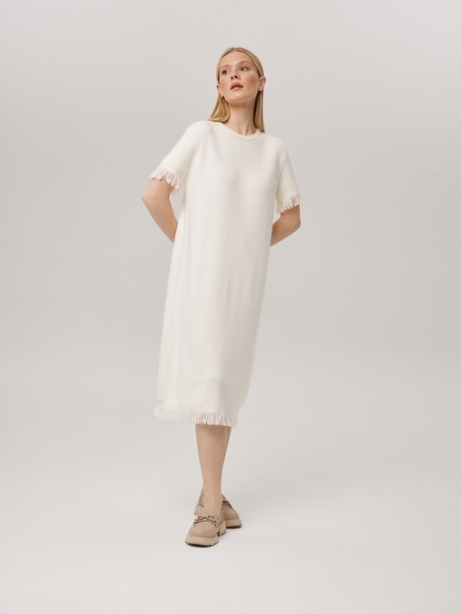 Платье из кашемира с коротким рукавом белое LND2023-225-3080