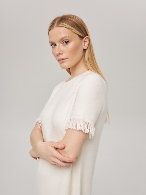 Платье из кашемира с коротким рукавом белое LND2023-225-3080